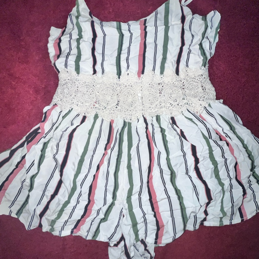 Green and Pink Romper with Elastic Waist and Flowy Shorts